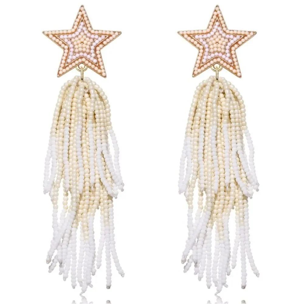 Yellow Gold and Multicolor Beaded Star Tassel Fringe Dangling Boho Post Earrings
